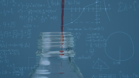 Animation of mathematical equations over liquid falling into bottle