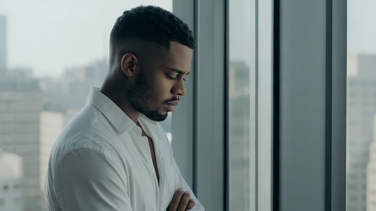 Standing man in white shirt bowing head in dim light at high-rise window, skyline, copy space