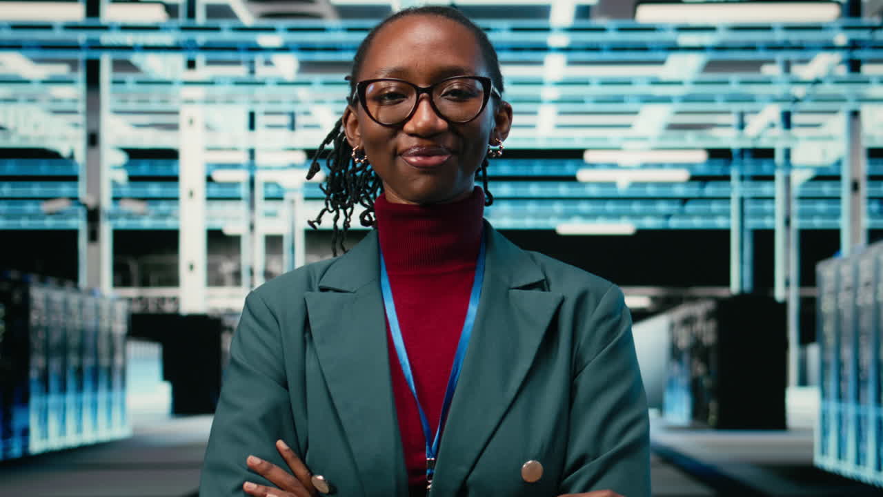 Confident African American Woman Smiling in Data Center