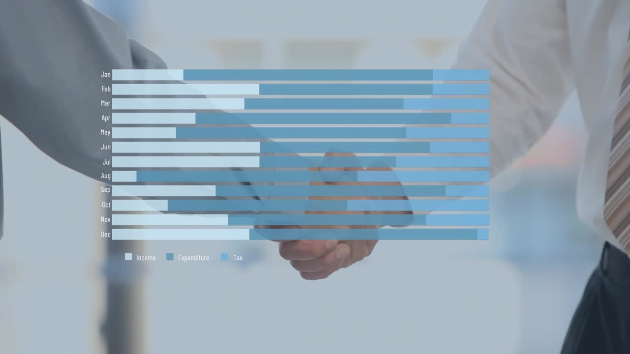 Animazione di statistiche ed elaborazione dati sulla stretta di mano di un uomo d'affari