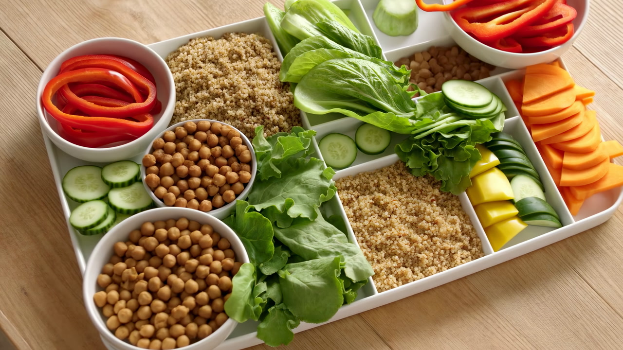 Vegan Quinoa Lunch Box With Chickpea, Cucumber, Romaine, Sliced Bell Pepper, Carrot, Two Bowls Of Roasted