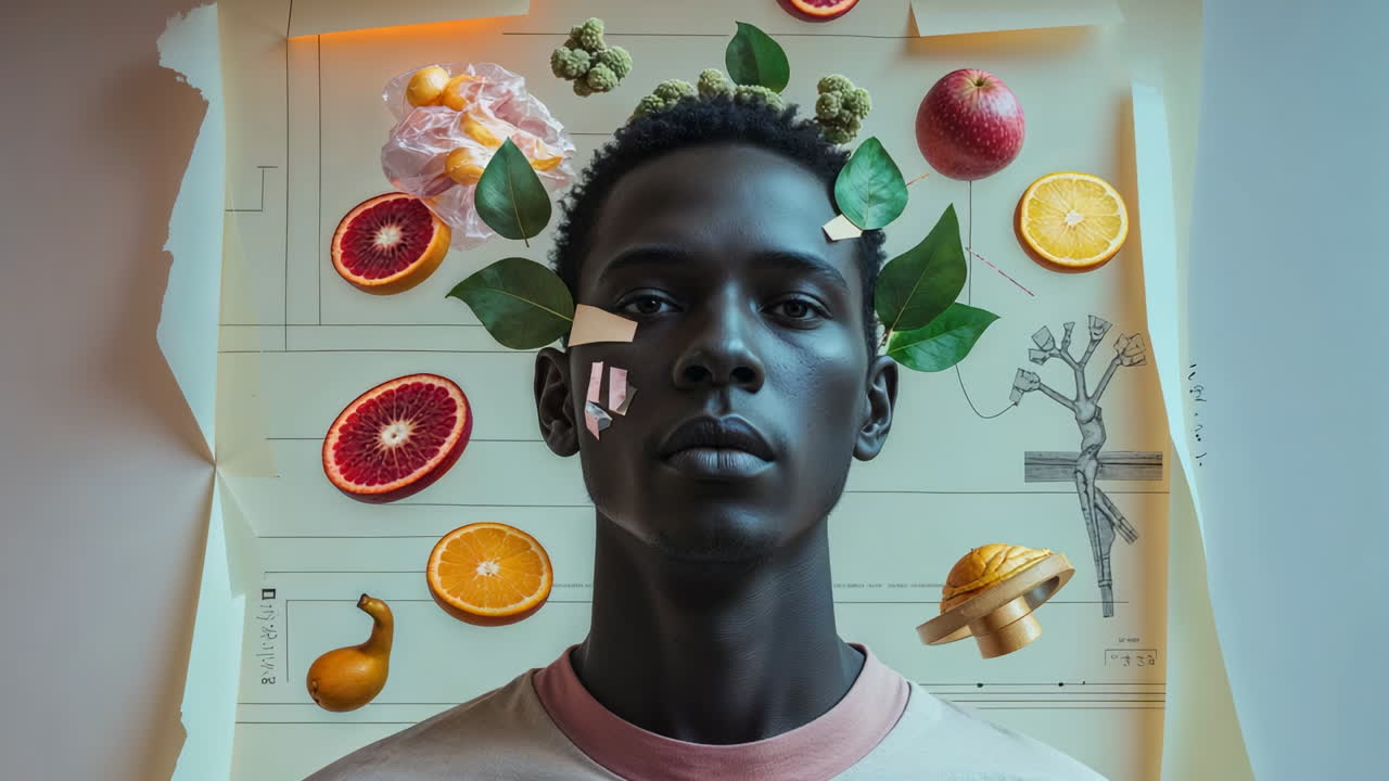 Ritratto concettuale di un uomo con frutta ed elementi naturali