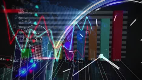 Animación-Del-Reloj,-Estadísticas-Y-Procesamiento-De-Datos-Financieros-Sobre-El-Mapa-Mundial