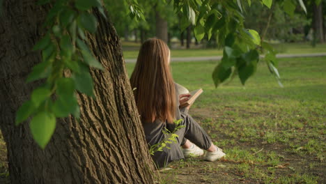 vista trasera de una dama sentada bajo un árbol leyendo un libro, mano en la página, apoyada contra el tronco, la luz del sol ilumina suavemente su cabello y espalda, las piernas ligeramente estiradas, rodeada de vegetación