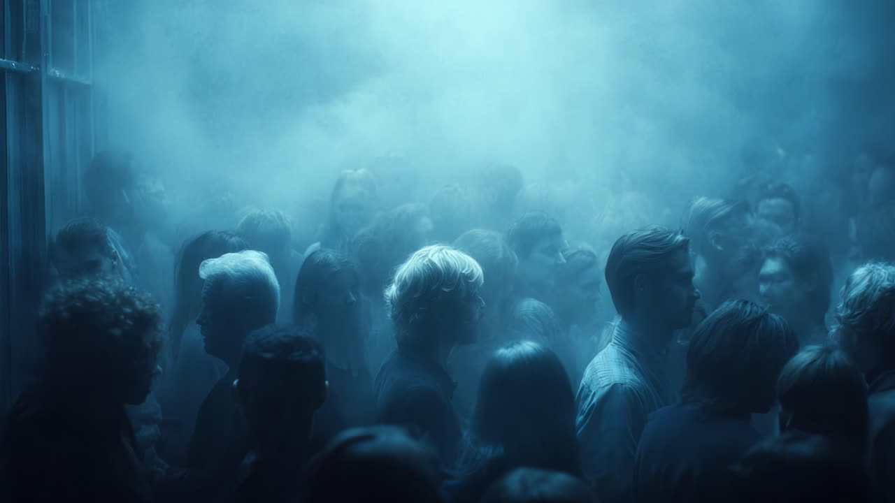 Un misterioso incontro in un'atmosfera nebbiosa: individui che si fondono nella folla enigmatica, catturando un momento di intrigo e connessione nella nebbia