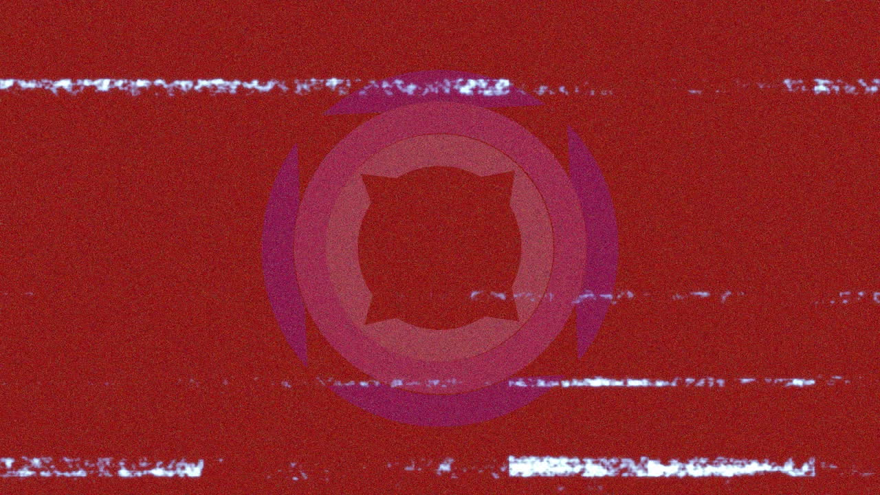 animación de glitch sobre fondo rojo con círculos giratorios