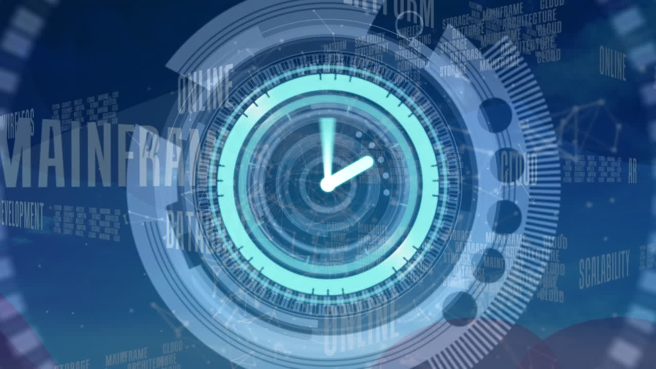 Animation of clock, over computer terminology text and data processing