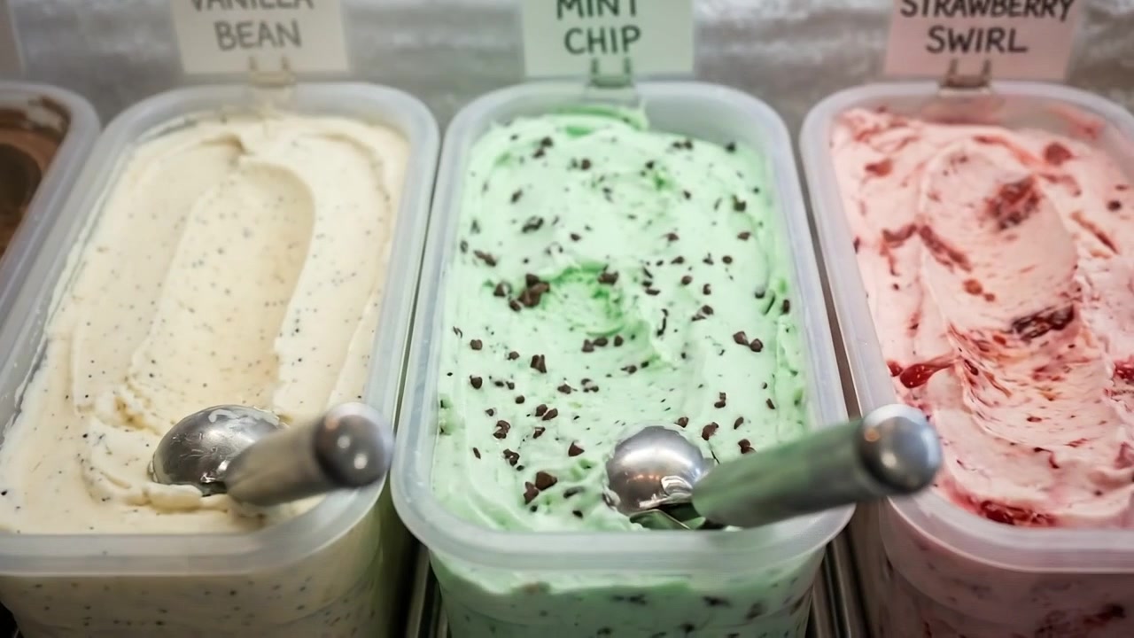 Dondurmacı Vitrininde Çeşitli Dondurma ve Gelato Tepsileri