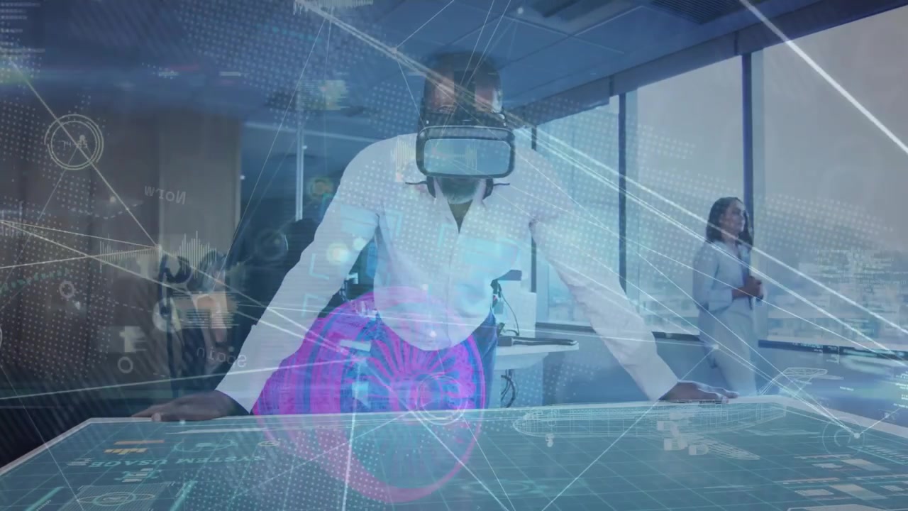 Mature man putting VR headset in business tech demo, starting holographic network