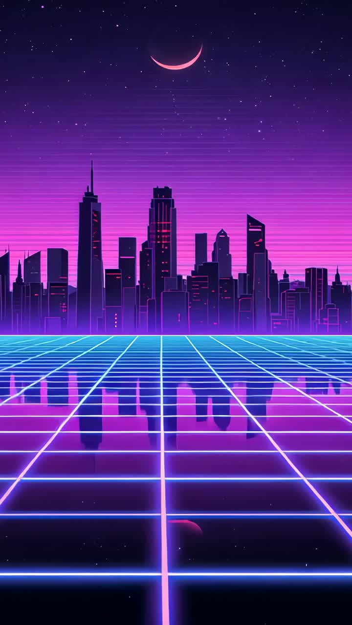 Video verticale: riproduzione con griglia al neon e skyline che riflette la luna, che si sposta in avanti evocando il retrò