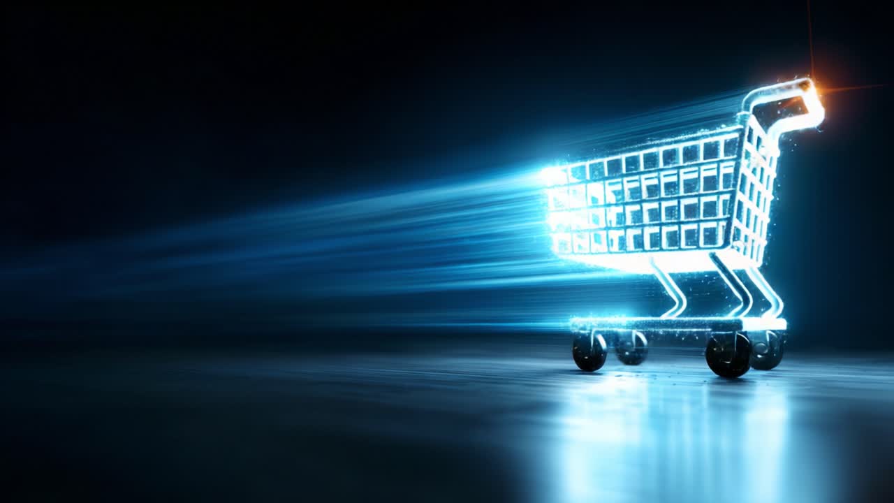 A Glowing Digital Shopping Cart in Motion: Capturing the Essence of Modern E-Commerce Through Vibrant Light Trails and Futuristic Aesthetics in a Darkened Setting