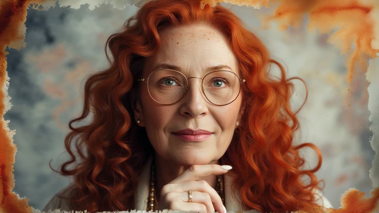 클로즈업으로 시작하여 빨간 머리 여성이 안경을 쓰고 스튜디오에서 턱에 손가락을 대고 생각하고 있어요