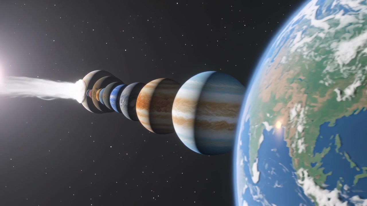 Approaching planet chain led by bright plume colliding with Earth limb, making vapor plumes