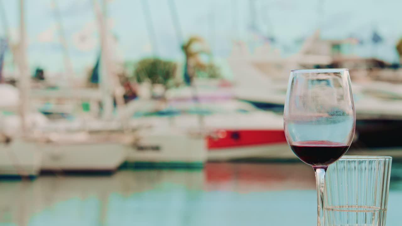 A half full glass of red wine stands on a restaurant table overlooking a calm marina with luxury yachts in soft focus