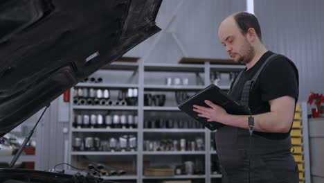 auto mechanic working with car diagnostic tool in a repair shop. car service manager or mechanic uses a tablet computer with a futuristic interactive diagnostics software.