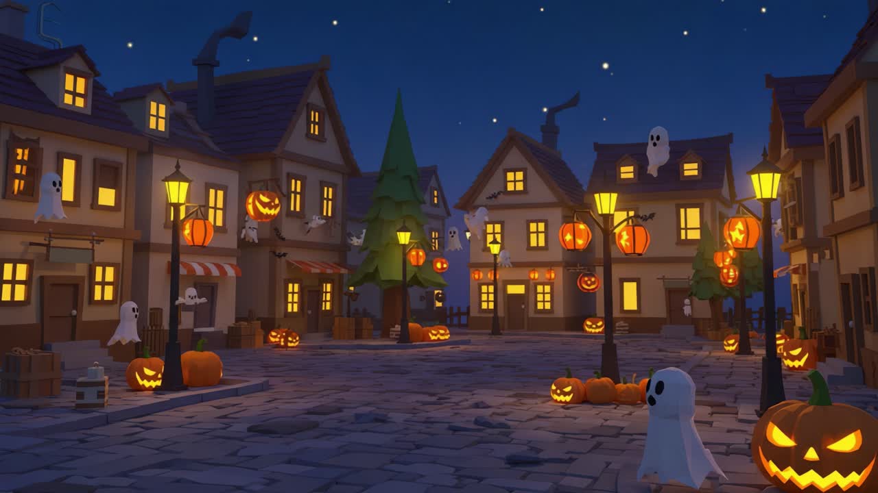 Enchanted Halloween Village at Night: A Whimsical Scene of Ghostly Spirits, Grinning Pumpkins, and Twinkling Lights Capturing the Spirit of the Halloween Festivity