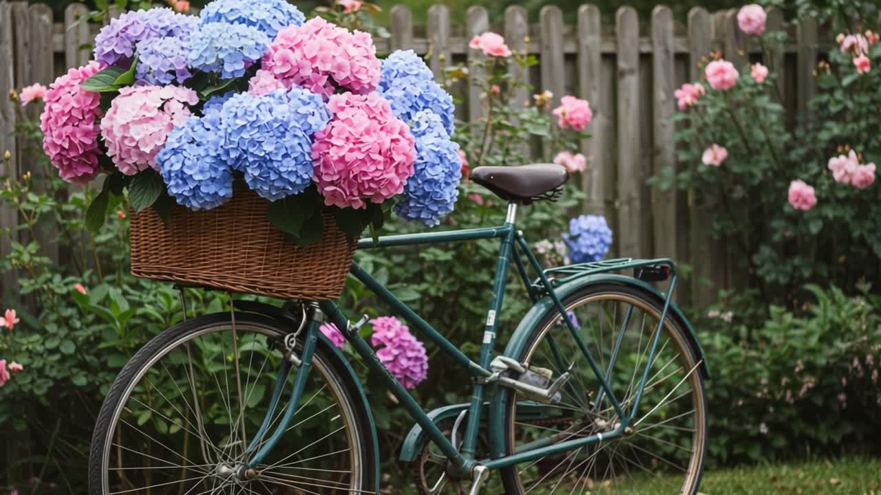 En vintage sykkel pyntet med livlige hortensiaer, som viser en vakker hageinnstilling fylt med fargerike blomster og frodig grønt i en rolig atmosfære