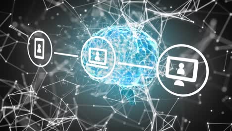 animación de iconos con redes y procesamiento de datos sobre el cerebro humano