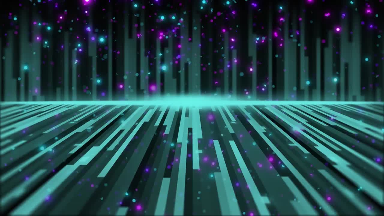 Animation of glowing spots of light and green glowing light trails on black background