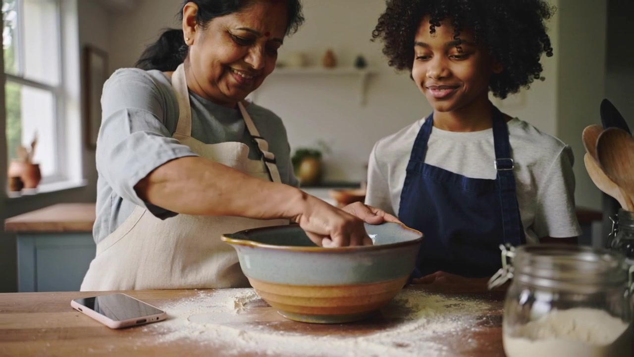 Placing hand into mixing bowl, adult woman teaching child mixing at kitchen counter, wearing aprons
