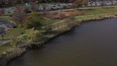 aerial-clockwise-orbit-as-seagulls-fly-low-over-Meadow-Lake-with-the-Grand-Central-Parkway-in-the-background-on-a-cloudy-day-in-Flushing-Meadows-Corona-Park,-Queens,-NY