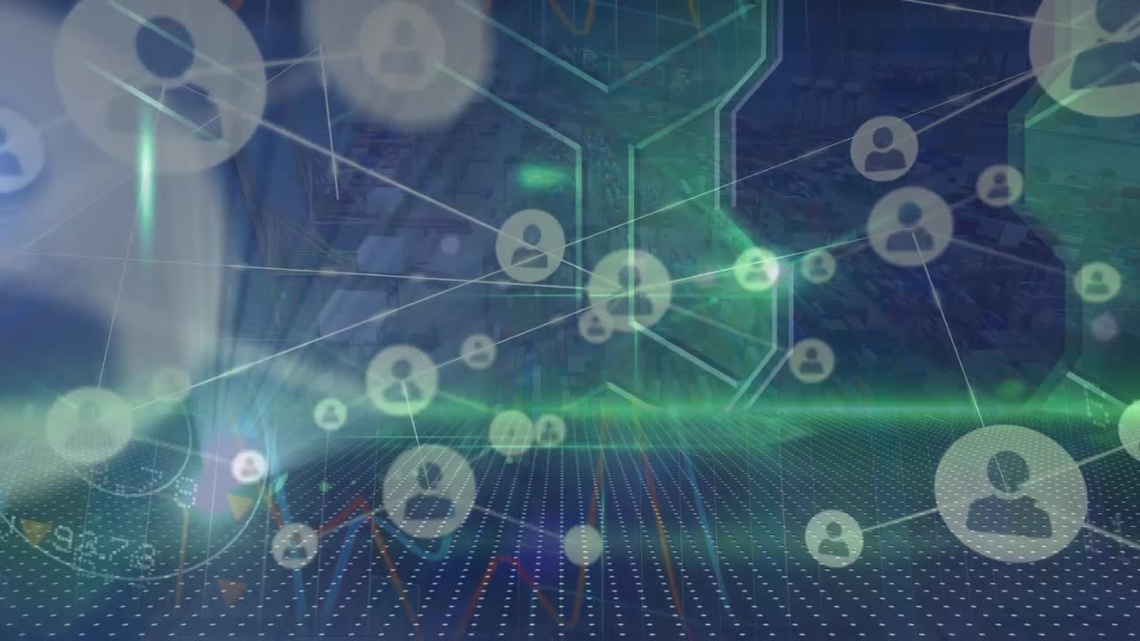 도시 풍경에 대한 연결 네트워크와 데이터 처리의 애니메이션