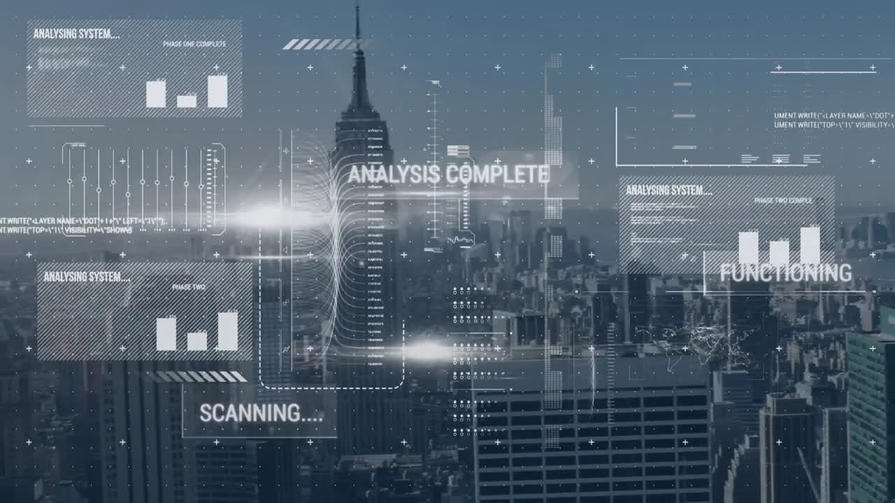 Animation of financial data processing over cityscape
