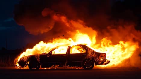 a car is engulfed by flames on the side of the road