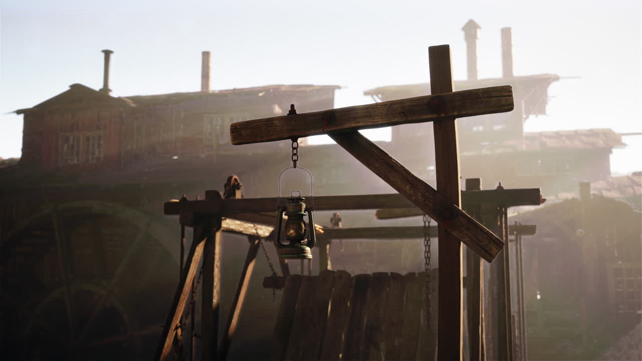 버려진 공장 밖 에 매달린 녹말 한 등불