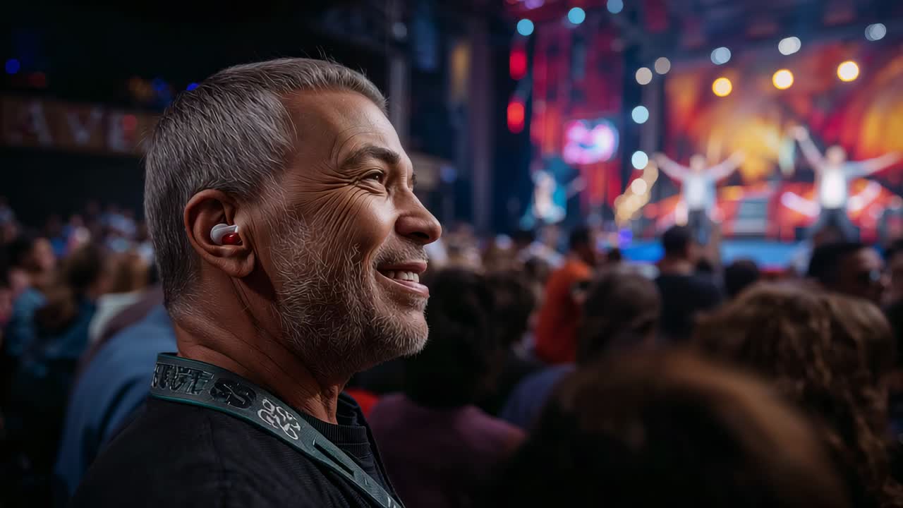 Turning man watching stage at concert as band raising arms, wearing earpiece and lanyard to listen