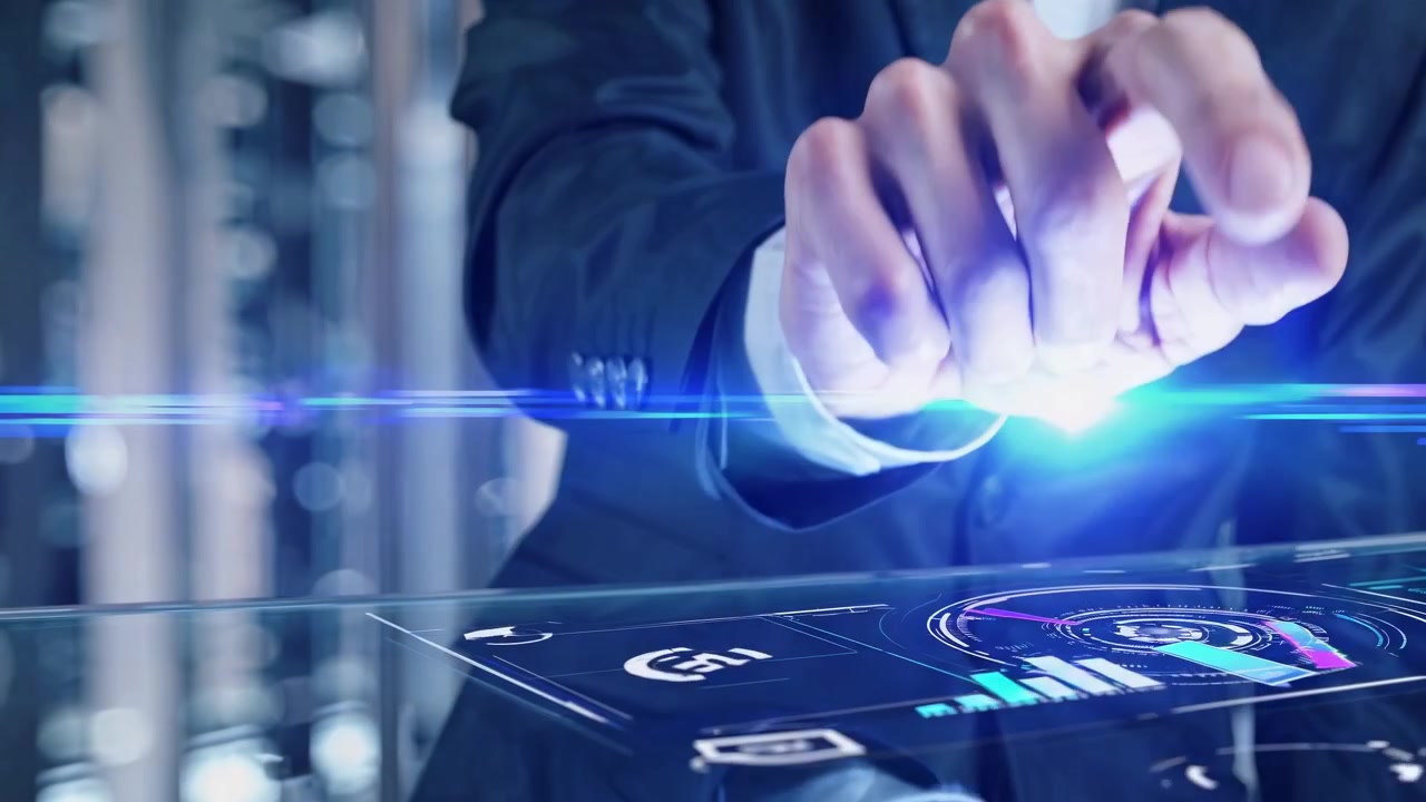 Businessman Interacting with Futuristic Holographic Touchscreen Interface