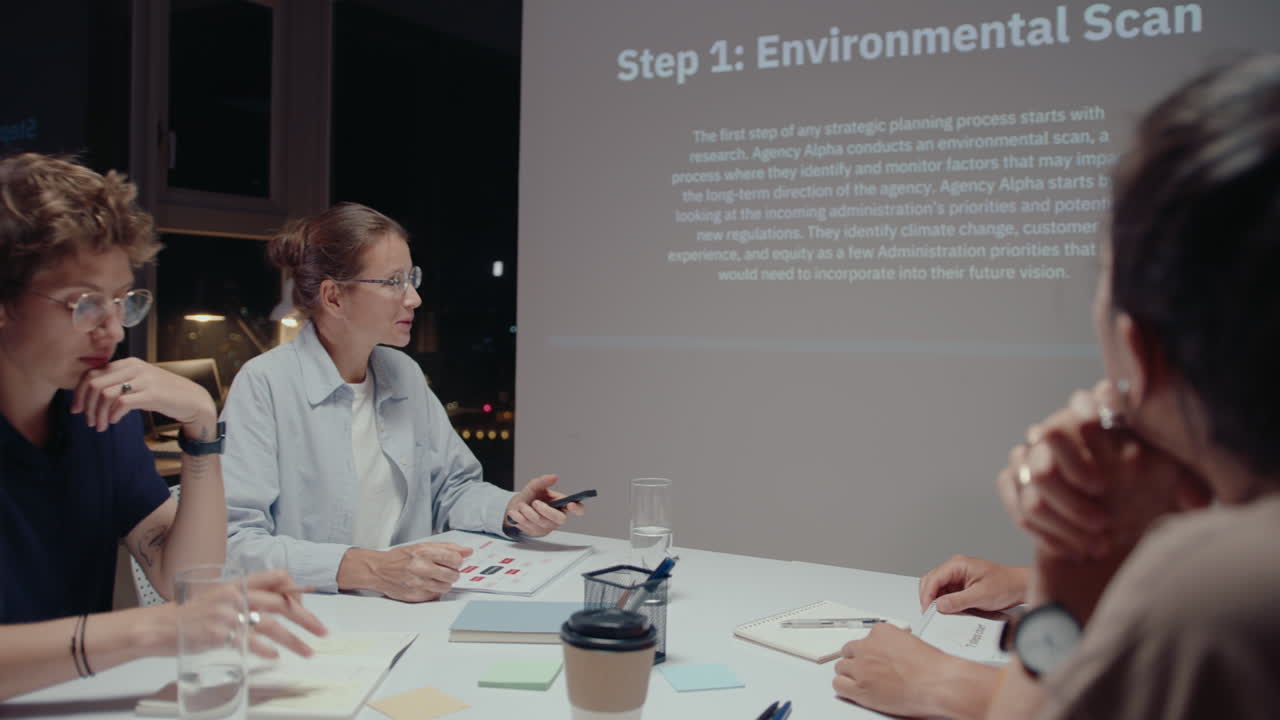 리모컨을 사용하여 프로젝션 스크린에서 슬라이드를 전환하고 야간 사무실 회의 중에 동료 팀과 회사에 대한 프레젠테이션을 논의하는 사업가