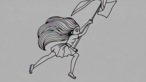 line art illustration of a running woman holding a flag