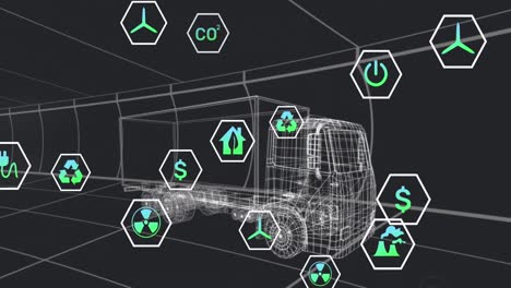 Animation-Mehrerer-Digitaler-Symbole-über-Einem-3D-Lkw-Modell-In-Nahtlosem-Muster-Auf-Schwarzem-Hintergrund