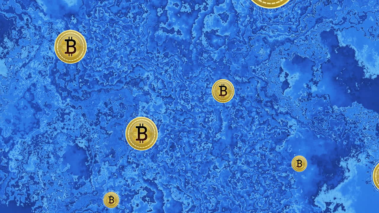 monedas de bitcoin flotando sobre azul animación de fondo abstracto