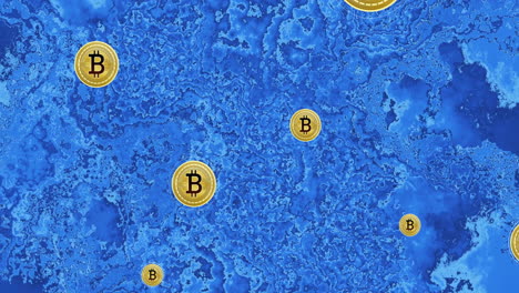 bitcoin coins floating over blue abstract background animation