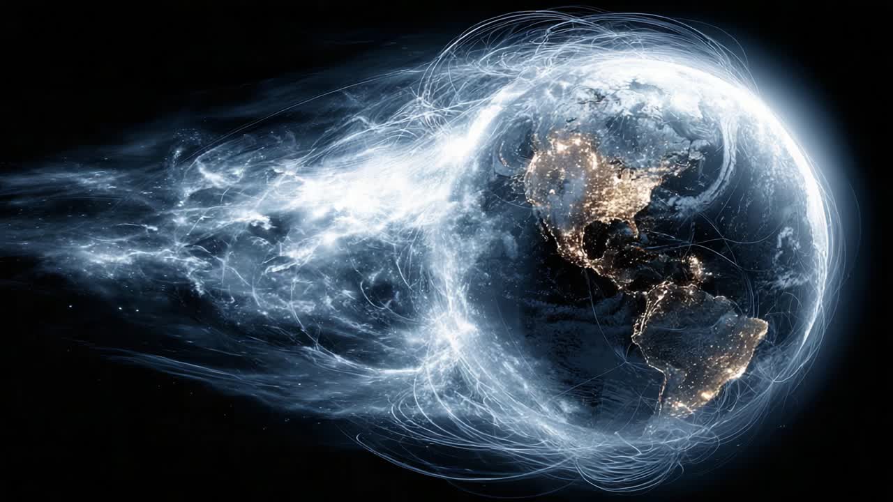 Immagine dinamica della Terra con scie di energia fluenti: cattura il movimento e la connettività del nostro pianeta in uno stile futuristico mozzafiato