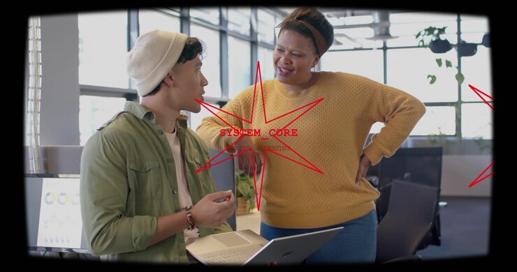 Man pointing at laptop, starting tech demo to align DATA_STREAM, woman nodding under red overlay