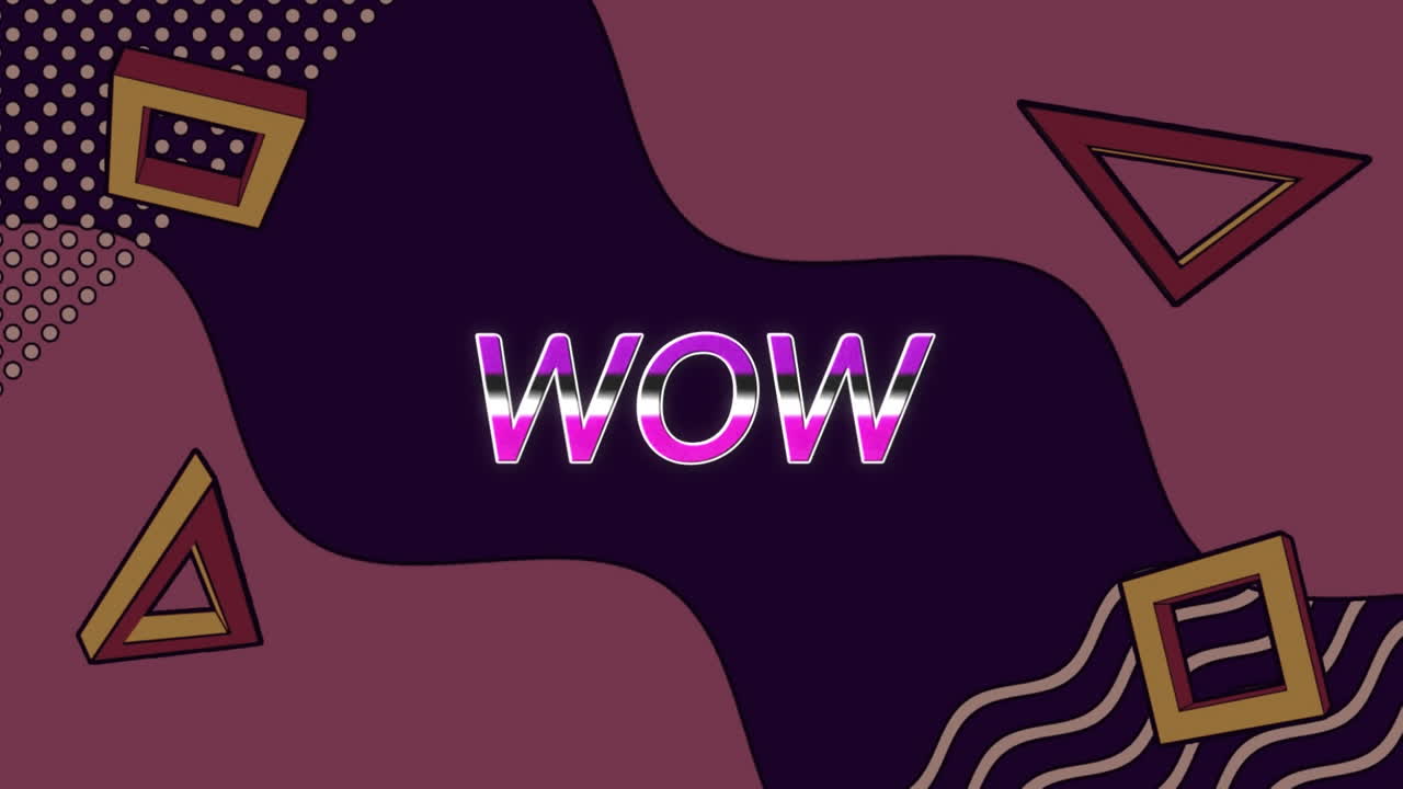 Animazione del testo "wow" su grafiche geometriche colorate in movimento su sfondo scuro