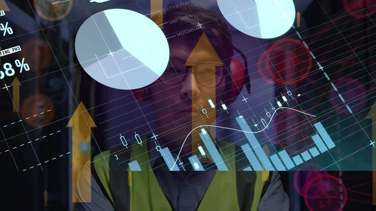 Animation of infographic interface over portrait of asian man wearing headphones and eyeglasses