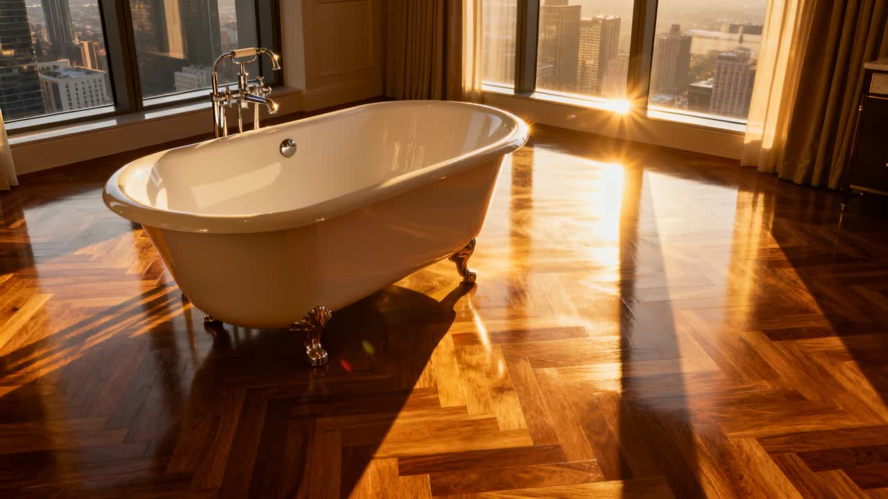 Vasca da bagno con piedini a zampa di leone su pavimento in parquet, rubinetto cromato che scorre vicino a finestre che mostrano lo skyline della città