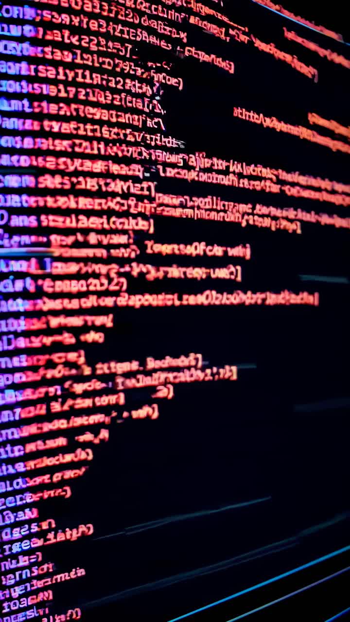 Close-up angled shot of glowing blue and green code on a screen, creating a digital, futuristic