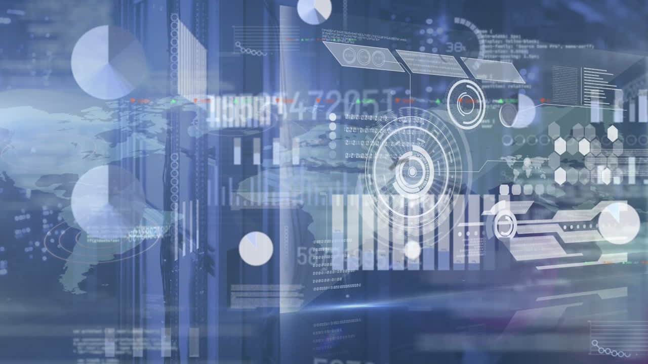 Animation of graphs and data processing on digital screen and world map