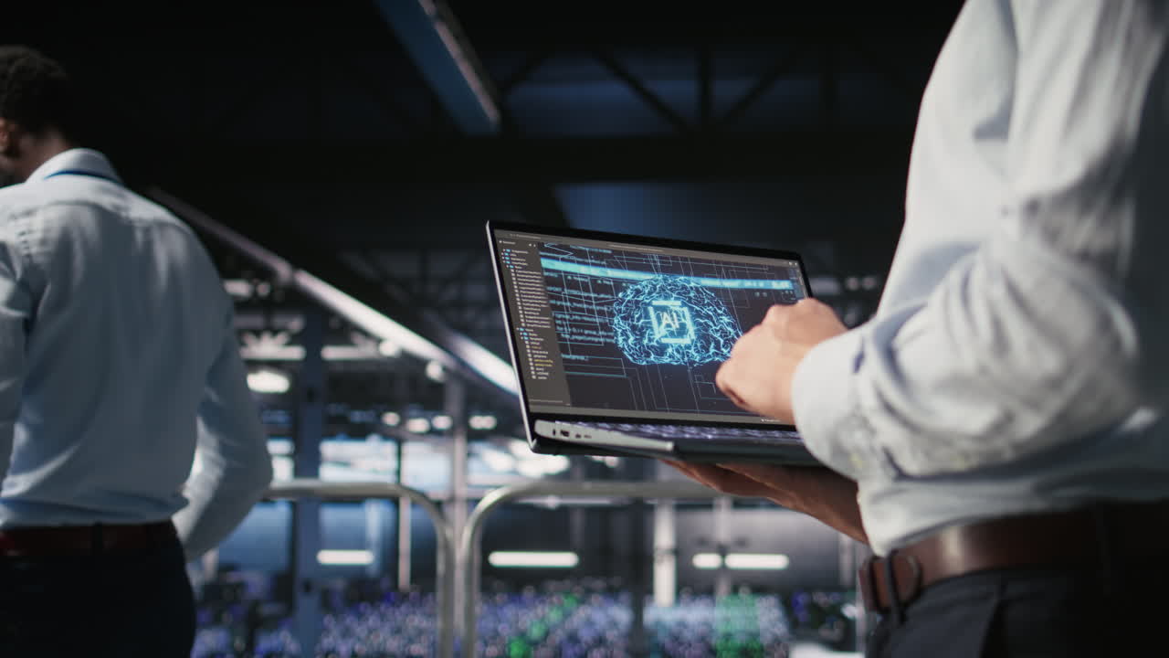 Close up of IT specialist in server room doing AI deep learning automatization