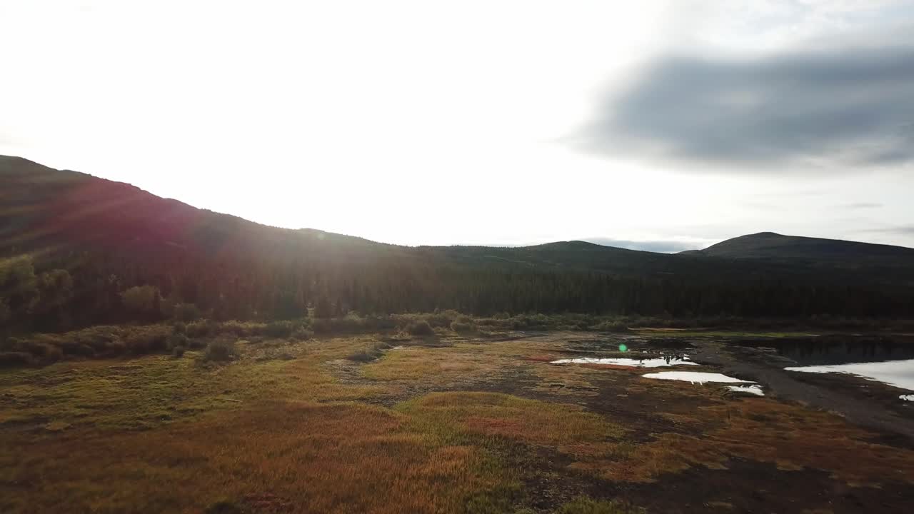 puesta de sol en un pantano cerca de un lago