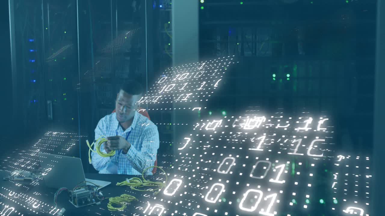 Animation of binary codes, african american man feeding cable details in laptop at server room