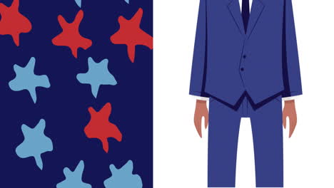 animation of businessman with face mask and stars coloured with flag of united states of america