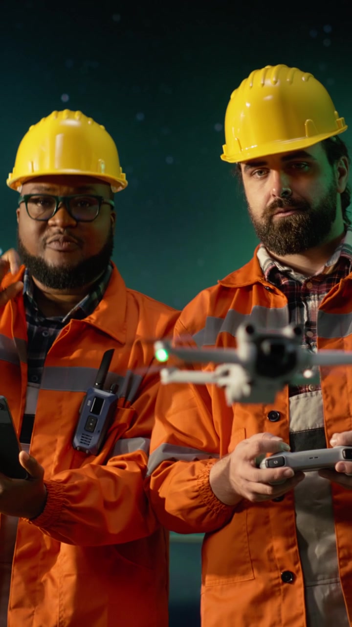Vertical video Bypassing sea transit blockades, drone and engineer on offshore rig deck