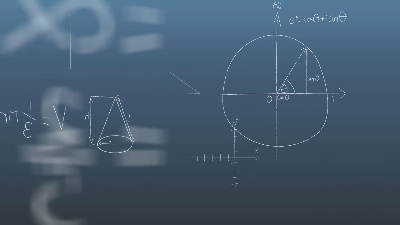 추상적인 배경에 대한 수학적 다이어그램과 방정식의 애니메이션