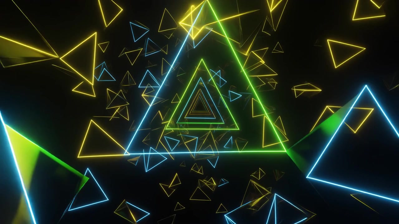 Abstract Tunnel of Glowing Neon Triangles in Motion